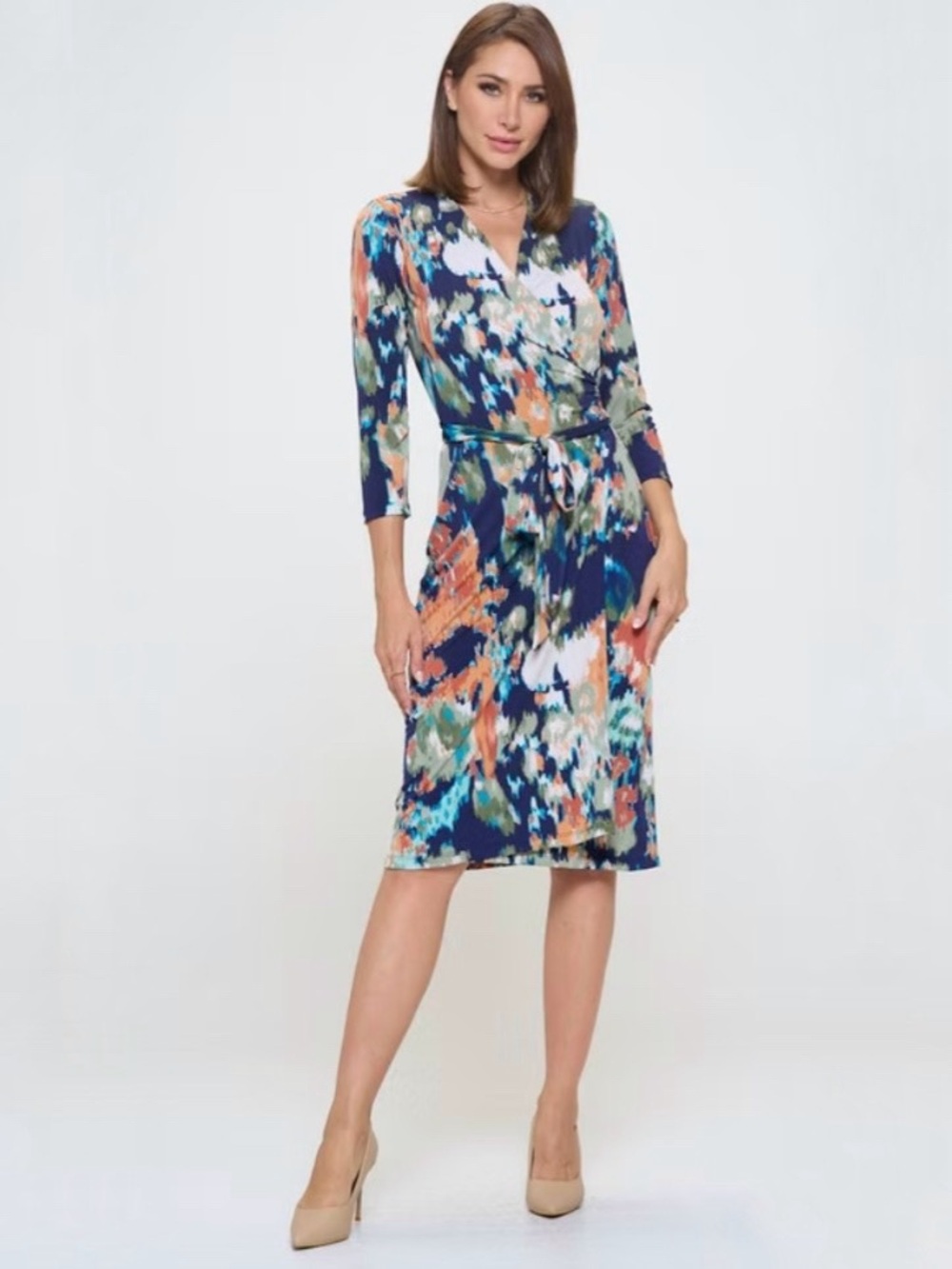 Renee C Abstract Print V-Neck Jersey Wrap Midi Dress Size 3X Floral 3/4 Sleeves